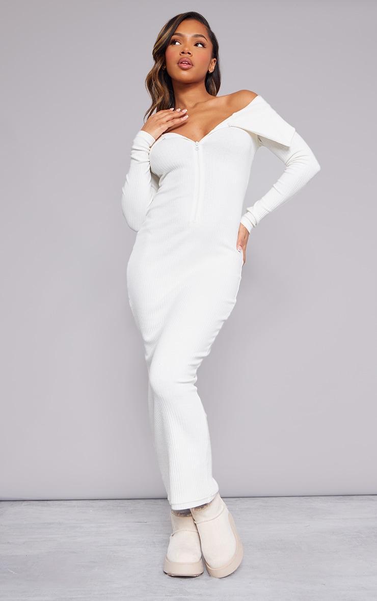 Cream Heavy Rib Fold Over Bardot Midaxi Dress product image