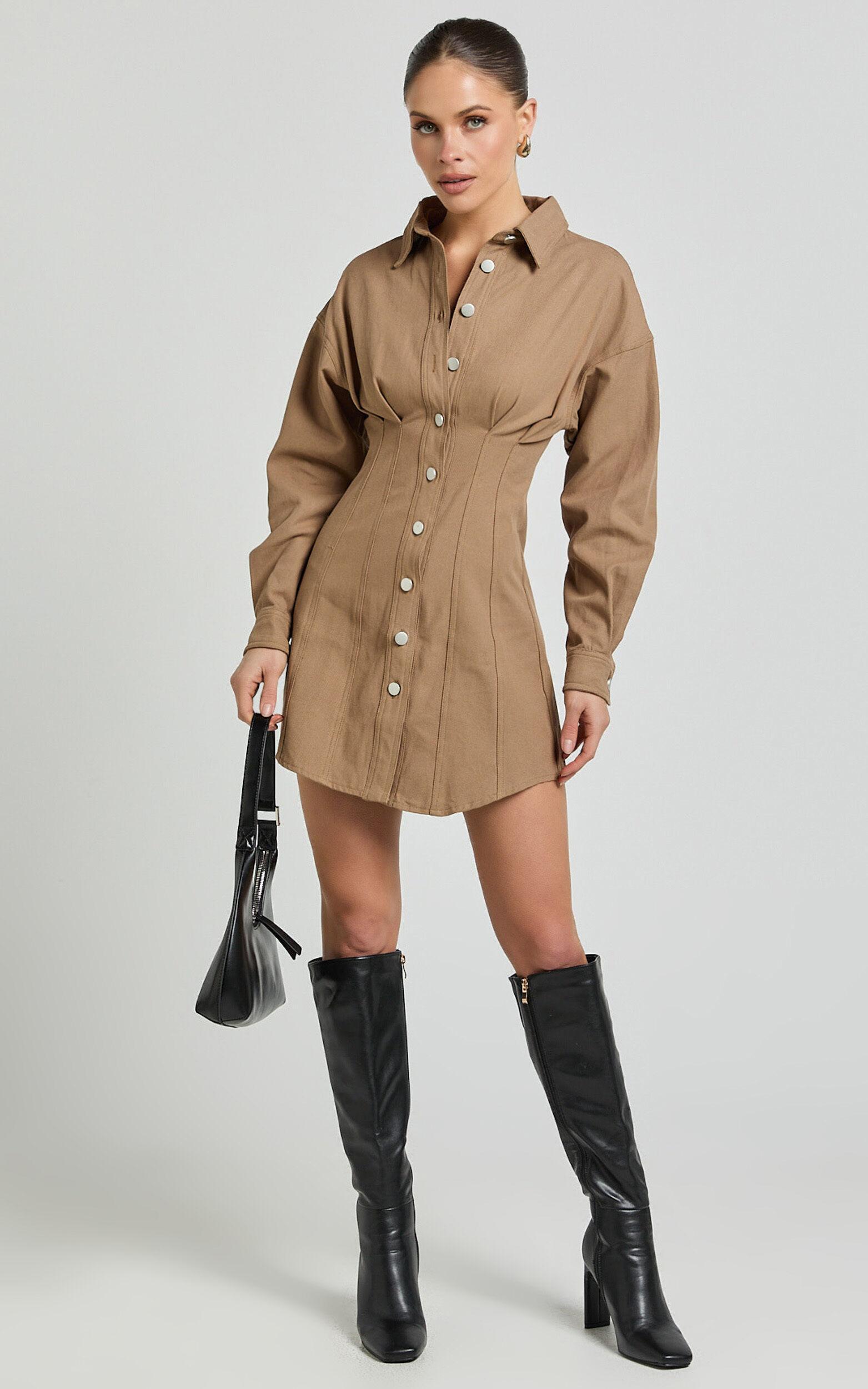 Sofia Mini Dress - Button Through Long Sleeve Dress in Mocha Product Image