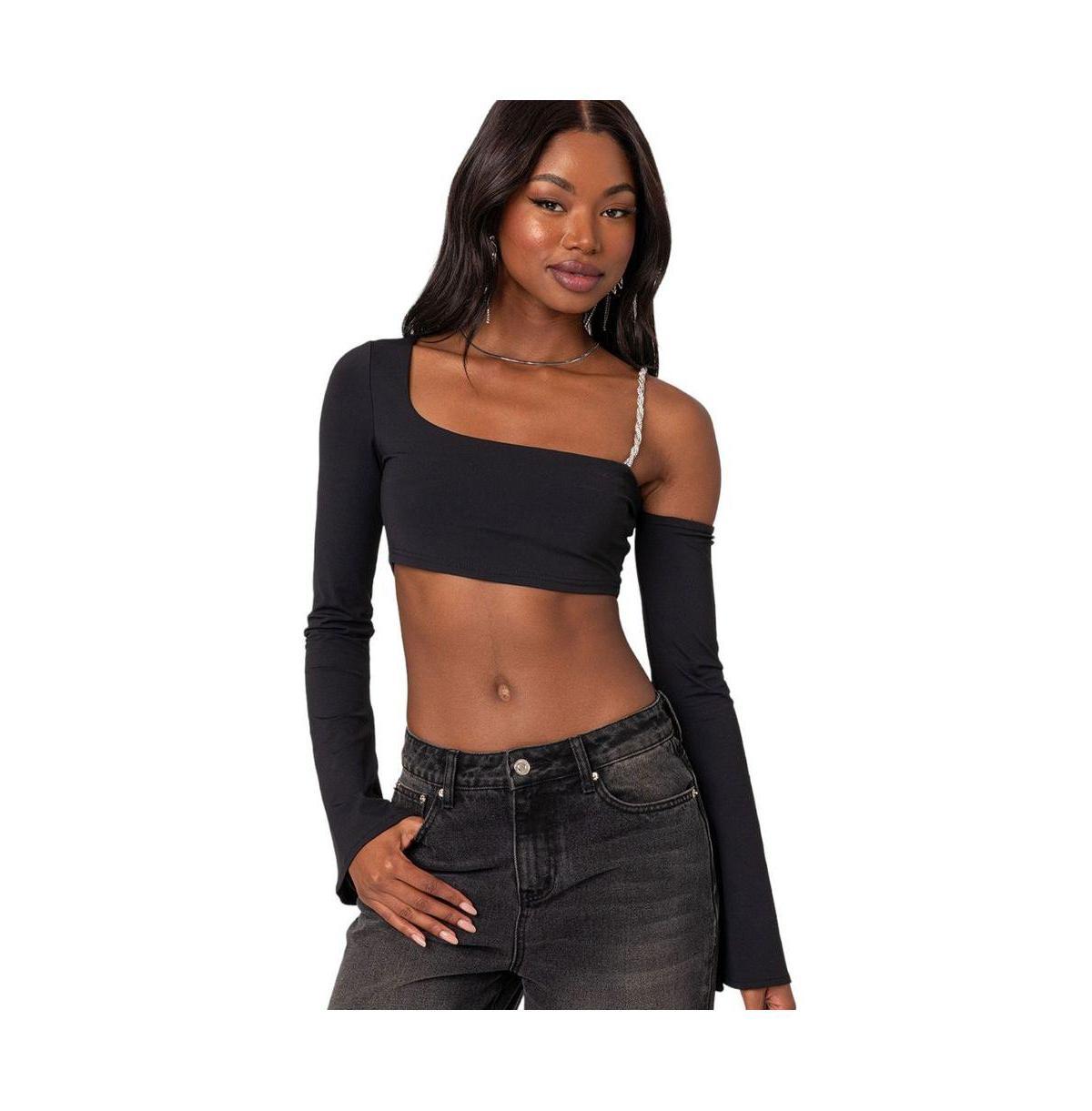 Womens Rhinestone strap asymmetric crop top product image