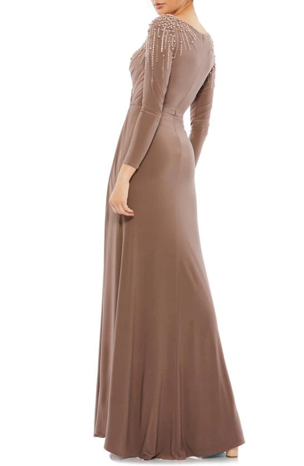 Long Sleeve Faux Wrap Jersey Gown In Brown Product Image