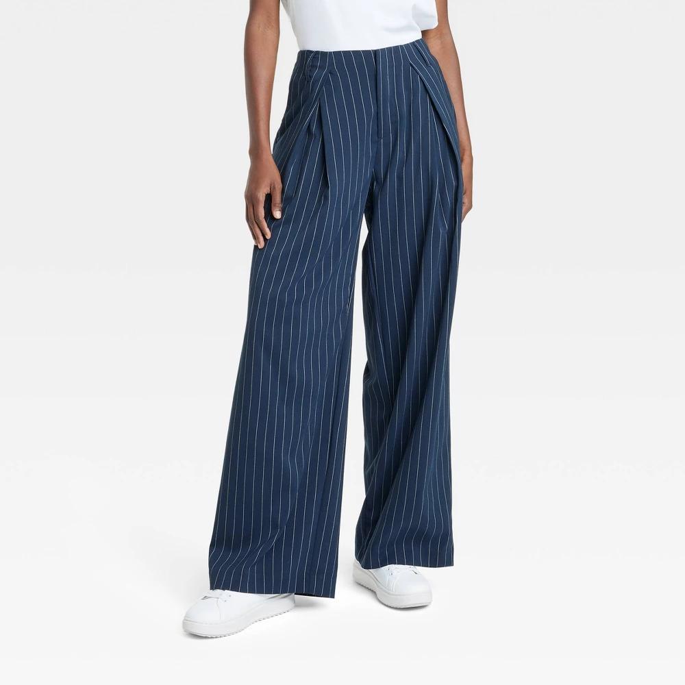 Womens High-Rise Wide Leg Pleated Front Trousers - A New Day Navy Pinstripe 8 Product Image