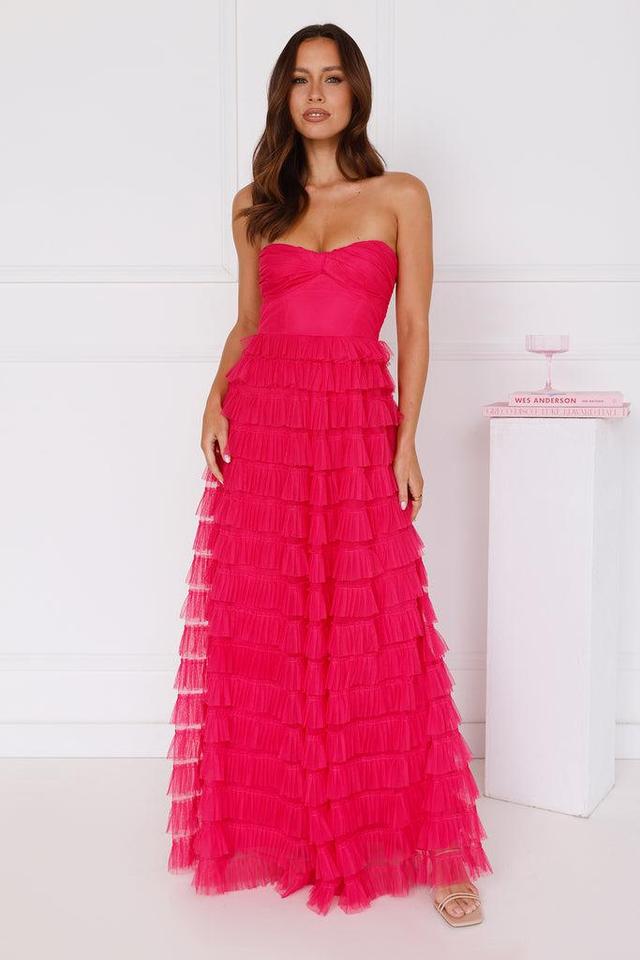 Lovers In Paris Strapless Tulle Maxi Dress Hot Pink Product Image