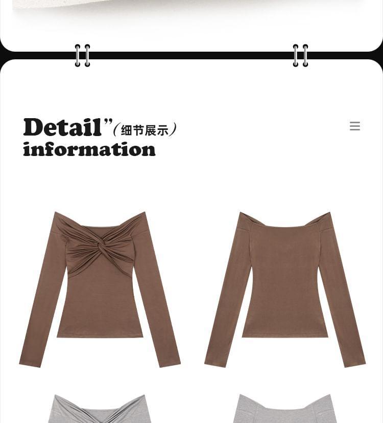 Long-Sleeve Off Shoulder Plain Crop Top Product Image