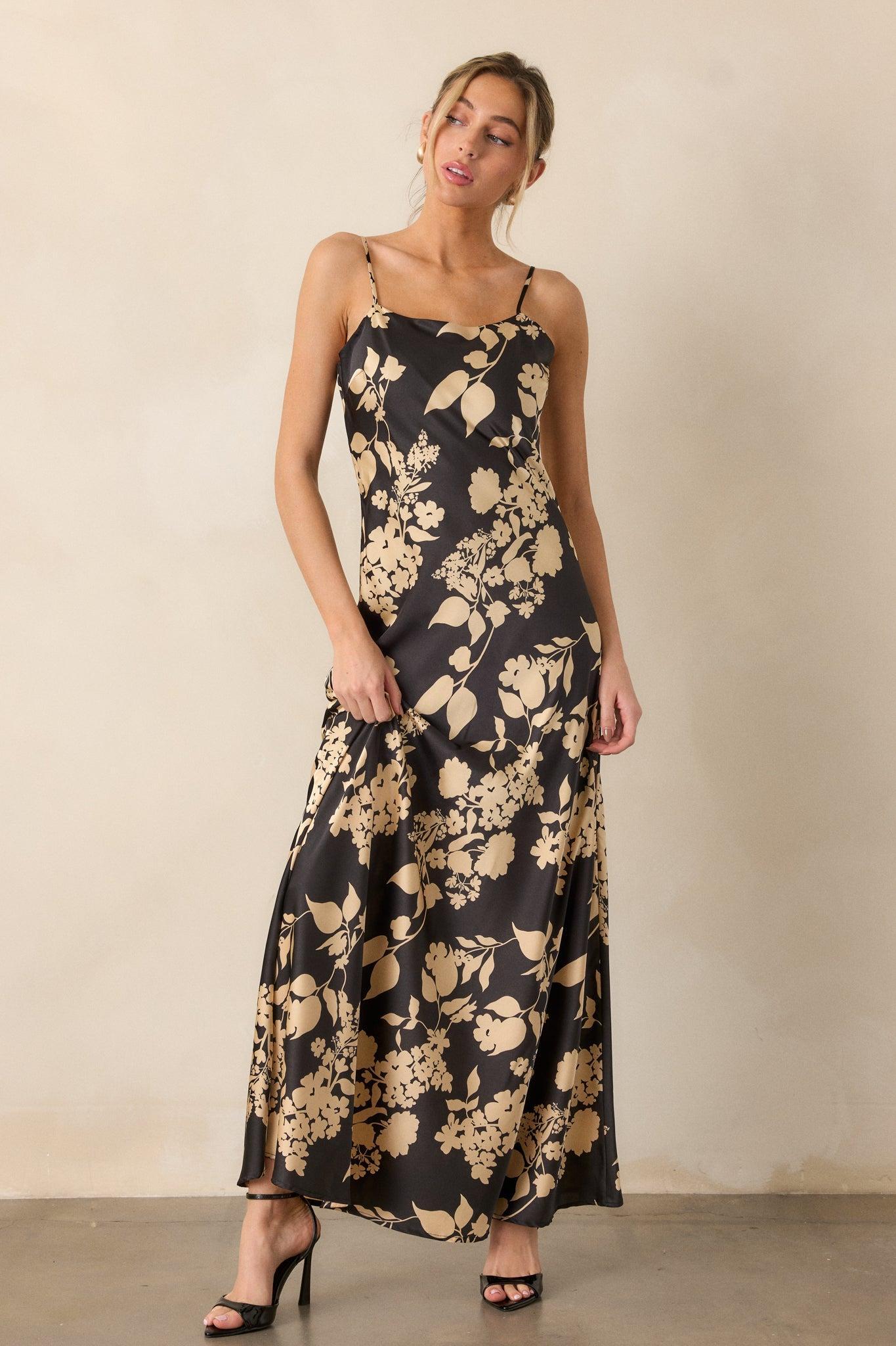 Crescent Glow Black Floral Satin Maxi Dress Product Image