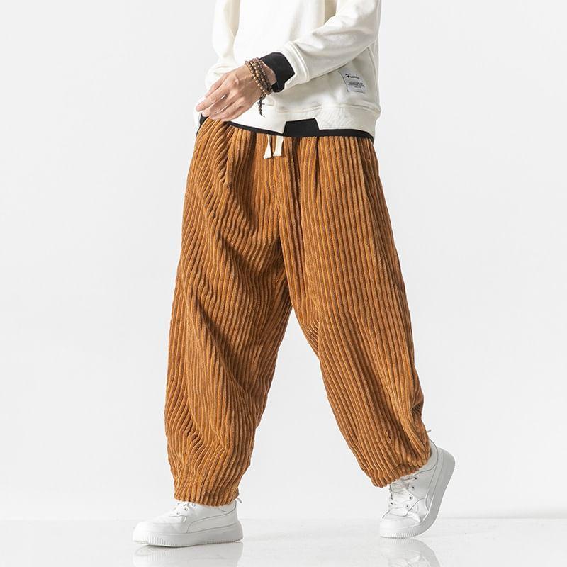 Drawstring Waist Plain Corduroy Harem Pants Product Image