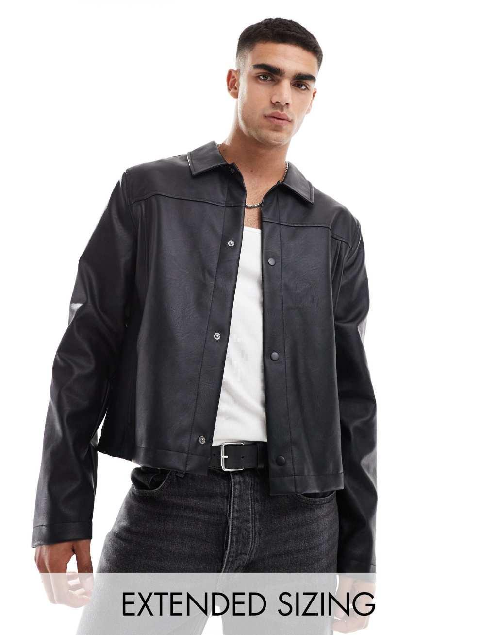 ASOS DESIGN faux leather harrington jacket in black Product Image