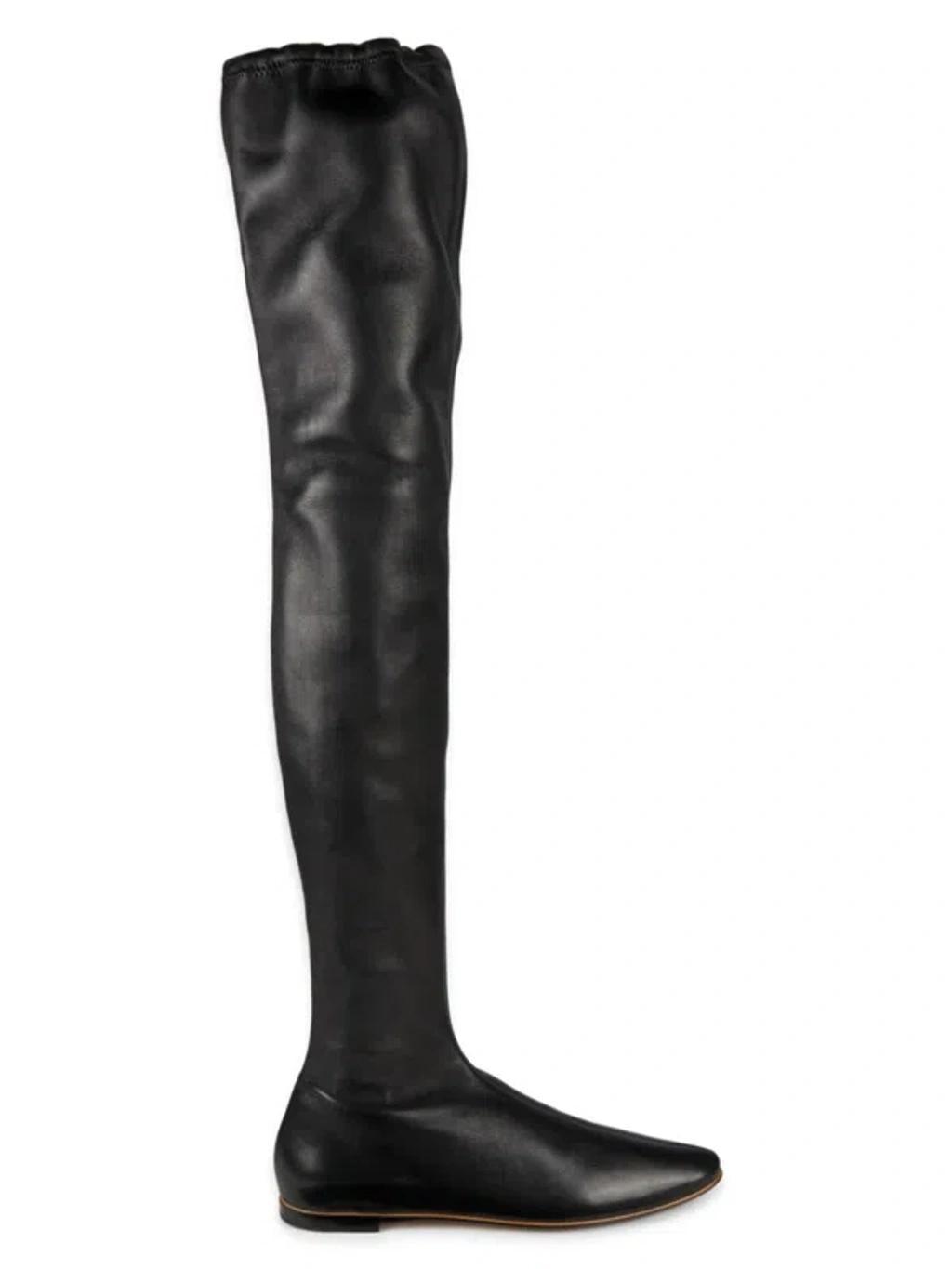 Women's Almond Toe Leather Knee High Boots In Black product image