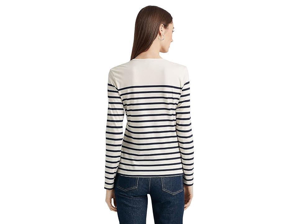 LAUREN Ralph Lauren Floral Striped Jersey Long Sleeve Tee (Mas Cream/French Navy) Women's T Shirt Product Image