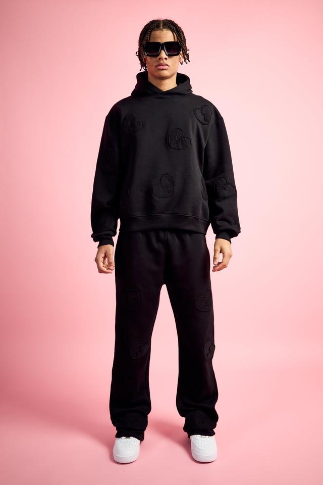 Oversized Boxy All Over Heart Applique Tracksuit | boohooMAN USA Product Image