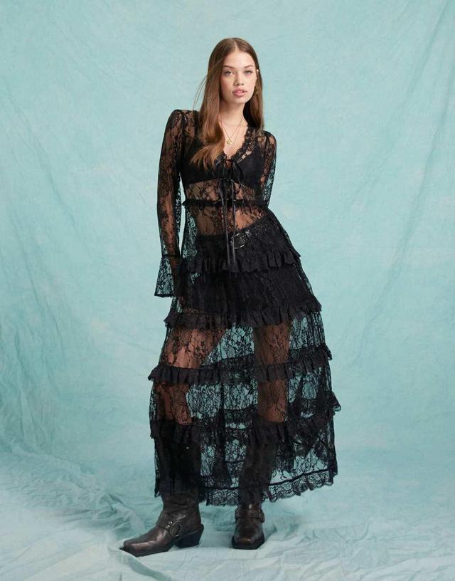 Miss Selfridge lace ruffle maxi dress in black Product Image