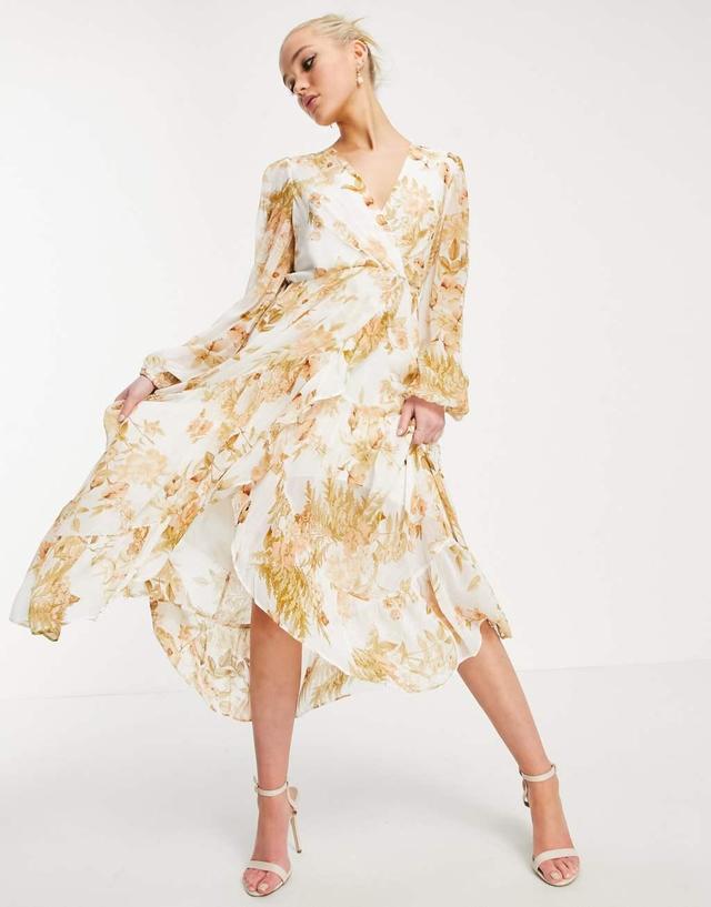 Ever New ruffle wrap midi dress in ivory and gold floral Product Image