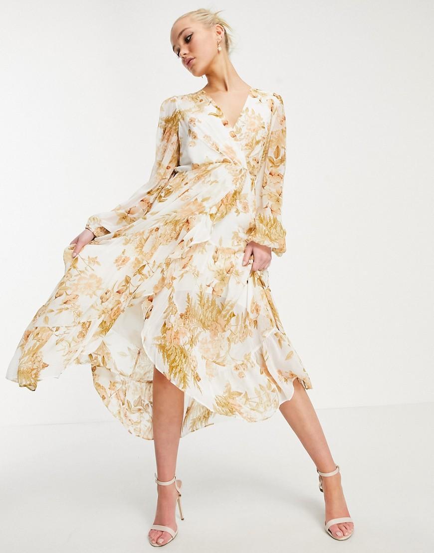 Ever New ruffle wrap midi dress in ivory and gold floral Product Image