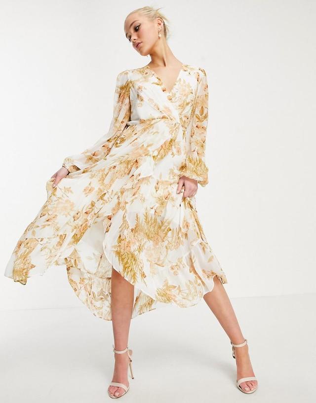 Ever New ruffle wrap midi dress in ivory and gold floral Product Image