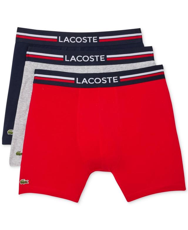 Lacoste Mens 3pk. Regular-Fit Stretch French Flag Boxer Briefs - Red, Grey Product Image