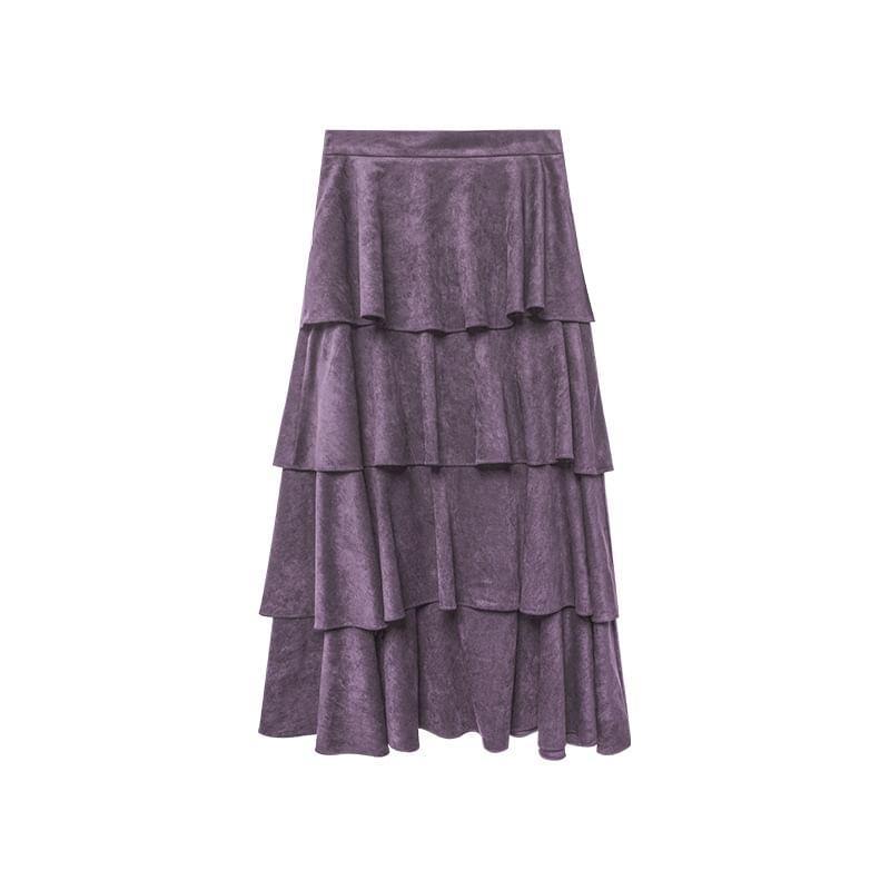 High Rise Plain Tiered A-Line Maxi Skirt Product Image