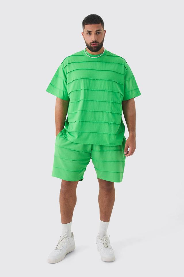 Plus Oversized Stripe Raw Seam T-shirt & Short Set | boohooMAN USA Product Image