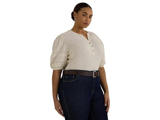 Lauren Ralph Lauren Plus-Size Lace-Trim Jersey Puff-Sleeve Henley Tee (Mascarpone Cream) Women's Clothing Product Image