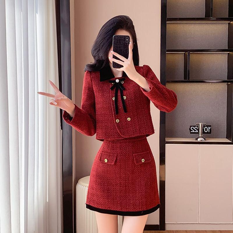 Set: Tweed Double-Breasted Jacket + High Rise Mini A-Line Skirt Product Image