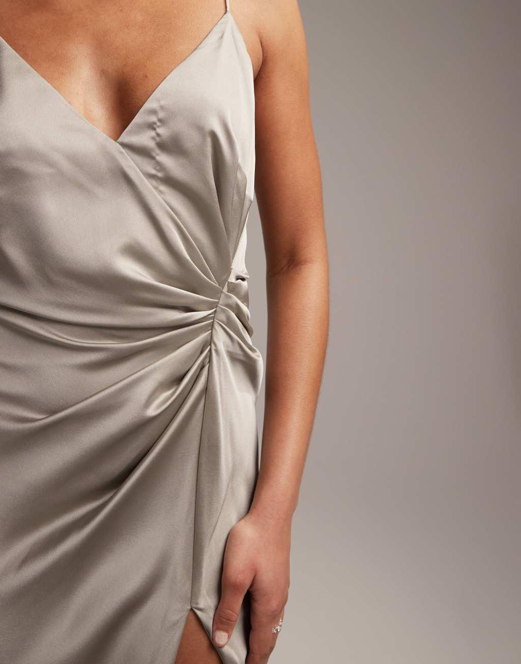 ASOS DESIGN Bridesmaid satin cami maxi dress with drape detail in sage green  Product Image