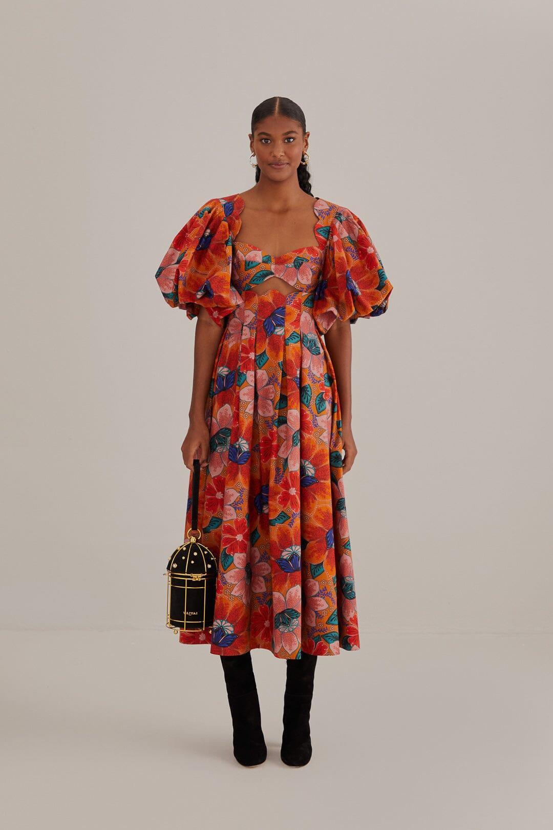 Orange Marias Floral Cut-Out Midi Dress, MARIAS FLORAL ORANGE / XXS Product Image