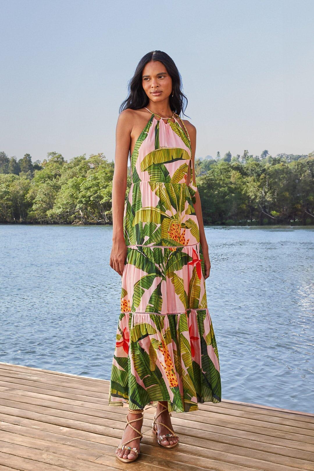 Pink Banana Leaves Sleeveless Maxi Dress, BANANA LEAVES PINK / L Product Image