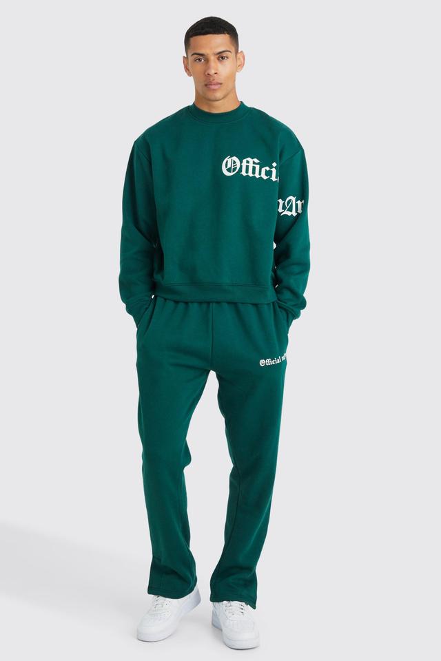 Mens Green Oversized Boxy Slogan Sweatshirt Tracksuit, Green Product Image