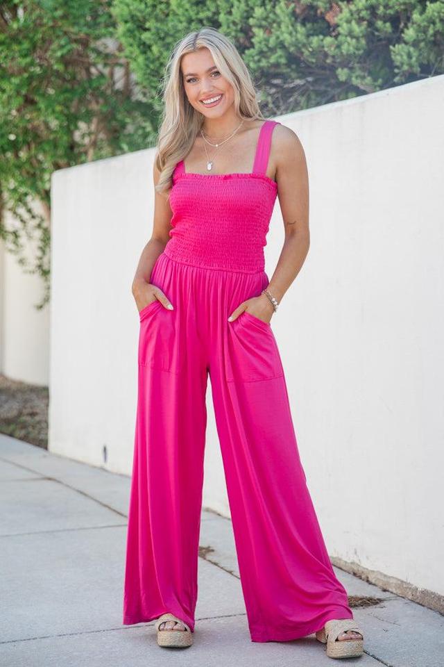 Walking In Paradise Hot Pink Smocked Top Woven Jumpsuit Product Image