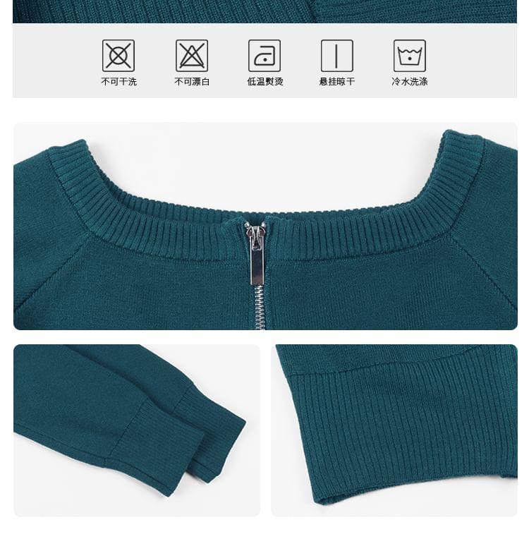 Off-Shoulder Zip-Up Knit Crop Top Product Image