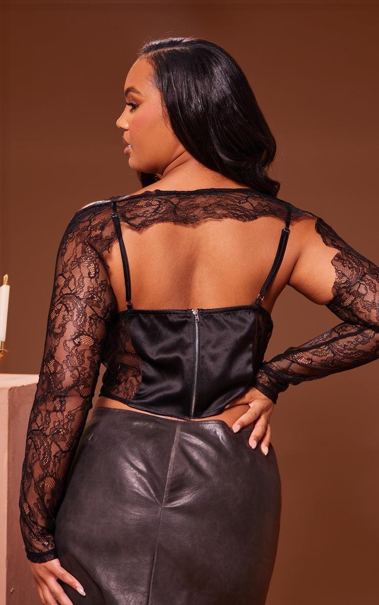 Plus Black Lace Satin Insert Sleeve Detail Corset Product Image