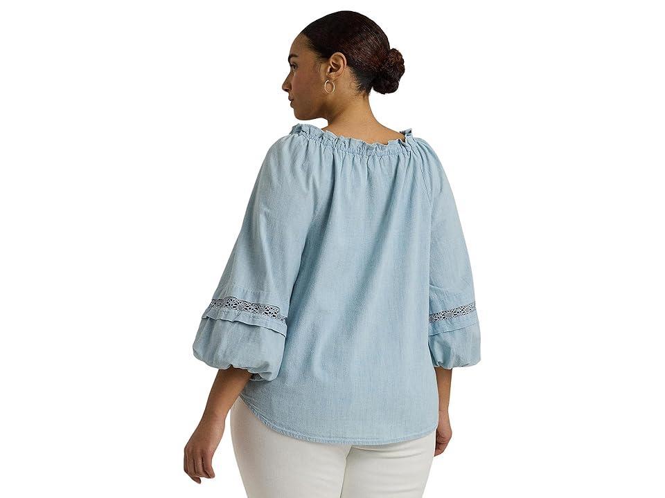 LAUREN Ralph Lauren Plus-Size Lace-Trim Chambray Tie-Neck Blouse (Medium Chambray Wash) Women's Clothing Product Image