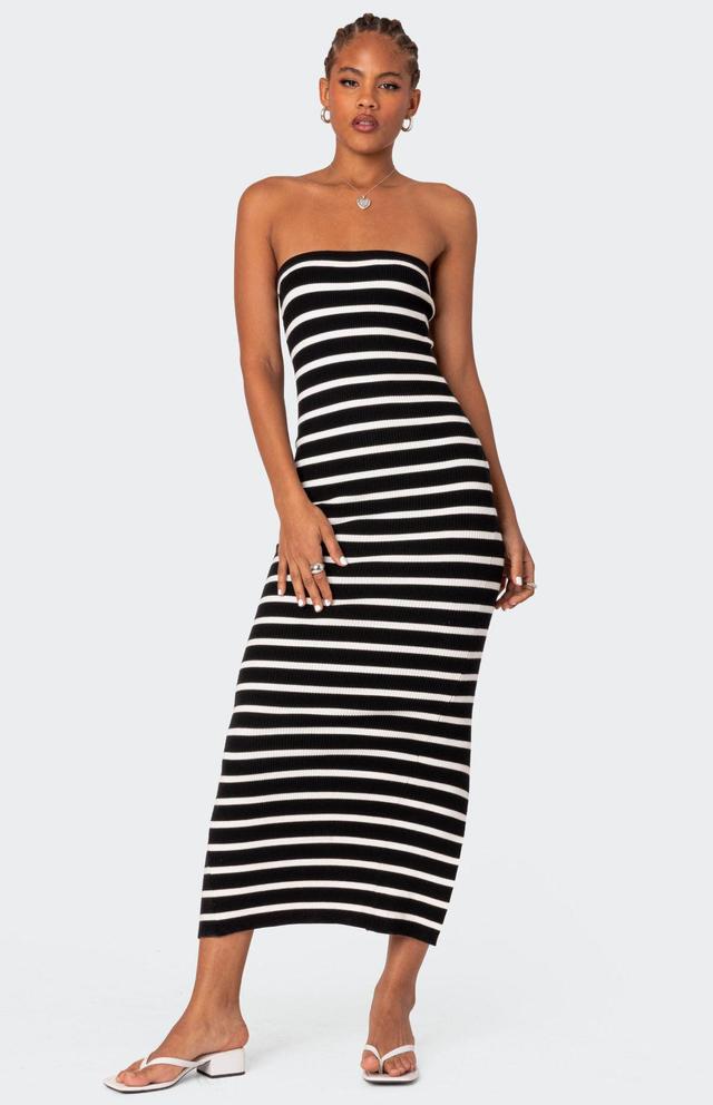 Edikted Women's Knit Back Slitted Maxi Dress in Black/White - Product Image