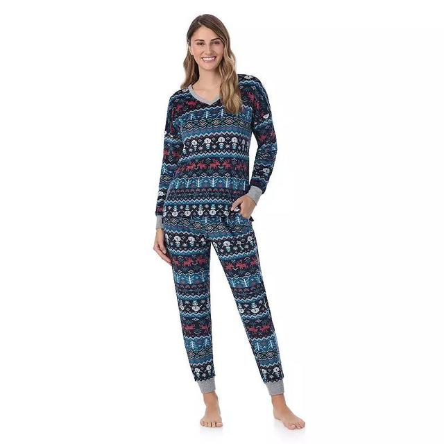 Womens Cuddl Duds Velour Fleece V-Neck Pajama Top & Pajama Bottoms Set Blue Heart Product Image