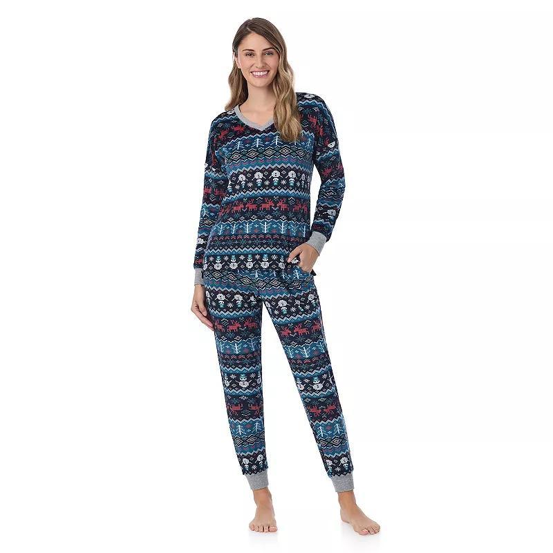 Womens Cuddl Duds Velour Fleece V-Neck Pajama Top & Pajama Bottoms Set Blue Heart Product Image