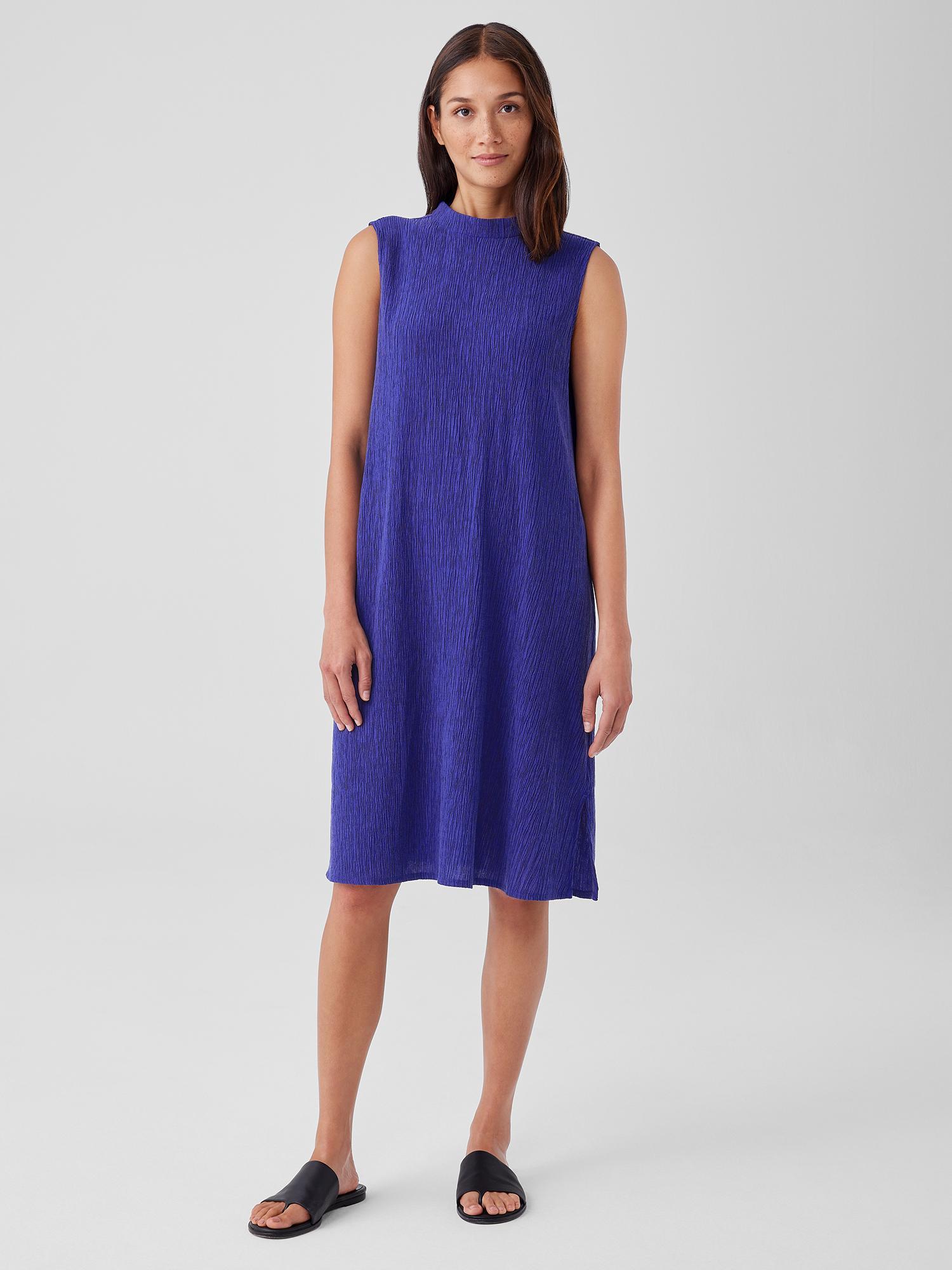 EILEEN FISHER Woven Plissé Mock Neck Dressfemale Product Image