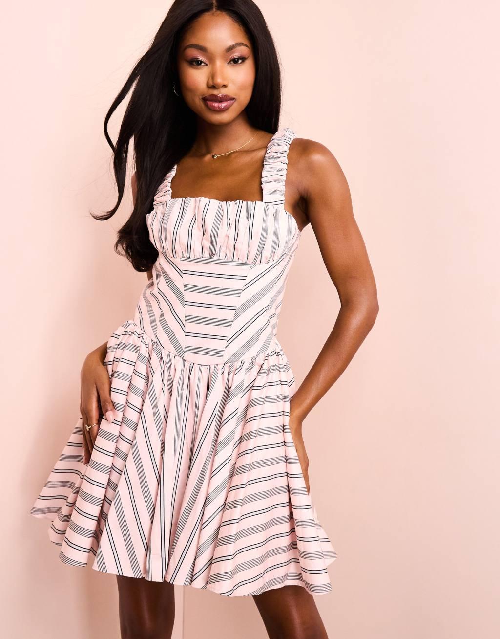 ASOS LUXE cotton poplin scrunch strap peplum mini dress in pink stripe Product Image