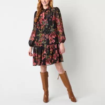 Maia Womens Long Sleeve Floral Shift Dress Product Image