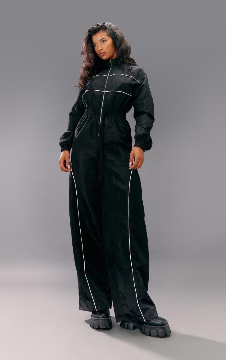 Black Shell Panelling Zip Detail Jumpsuit Product Image