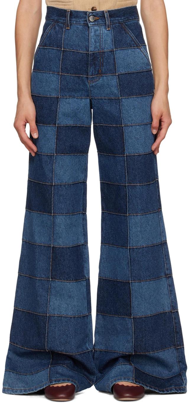 Patchwork Recycled Cotton-hemp Wide-leg Jeans In Blue Product Image