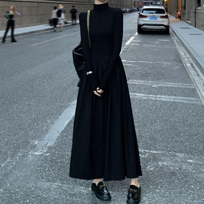 Long Sleeve Turtleneck Plain Maxi A-Line Dress Product Image