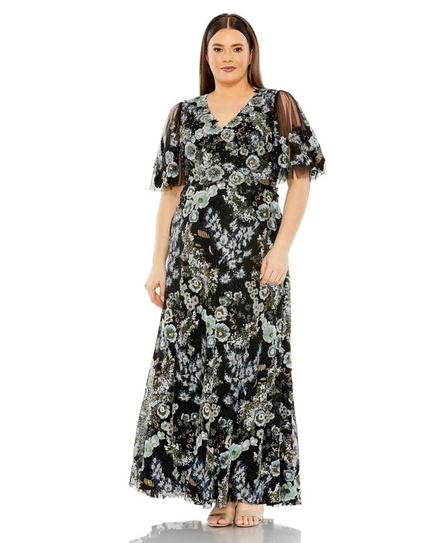 Mac Duggal Womens Plus Size Sheer Sleeve V Neck Floral Embroidered Gown Product Image