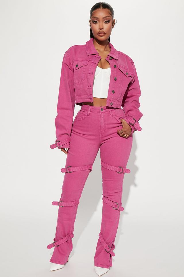 Lovefool Strappy Split Hem Straight Leg Jeans - Magenta Product Image