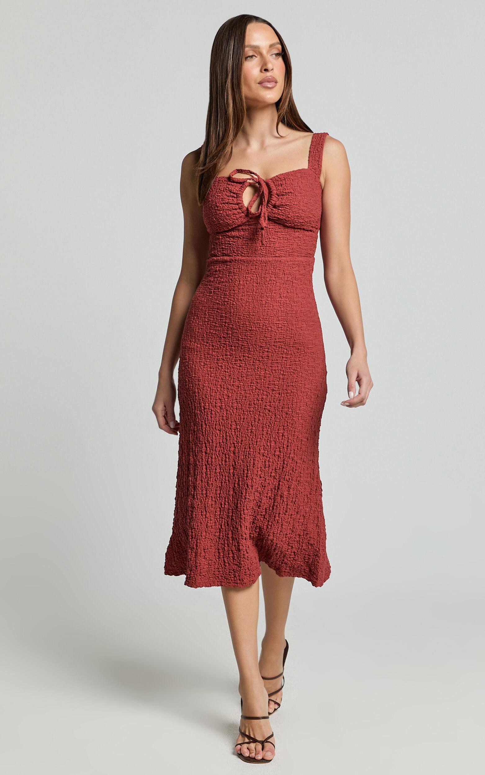 Olsen Midi Dress - Textured Wide Strap Tie Front Dress in Burnt Rust Product Image