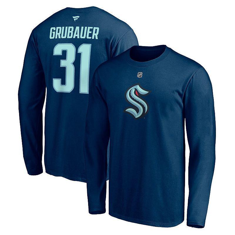 Mens Fanatics Branded Philipp Grubauer Deep Sea Blue Seattle Kraken Authentic Stack Name & Number Long Sleeve T-Shirt Product Image