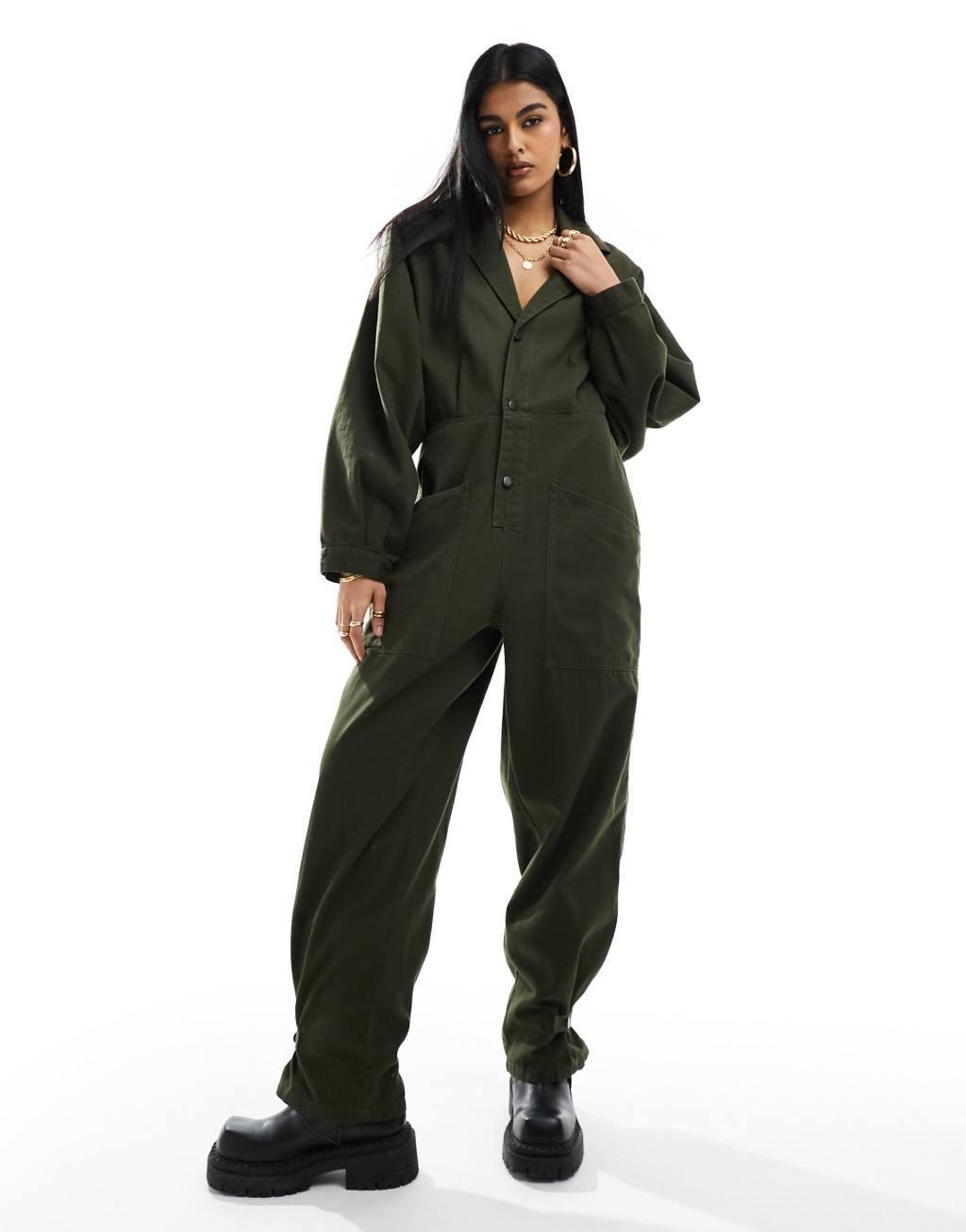 ASOS DESIGN collared boilersuit with button detail leg in khaki Product Image