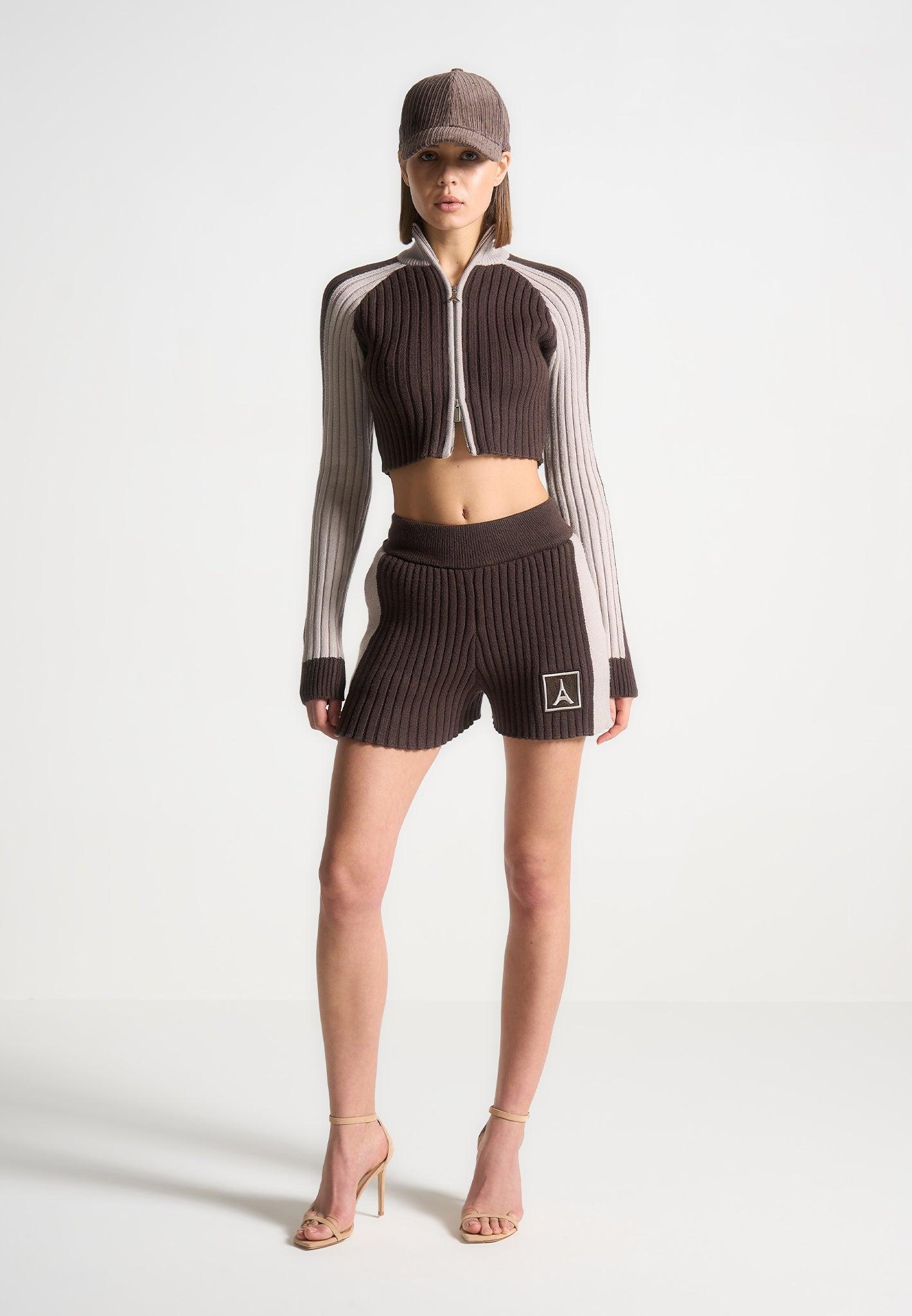 Rib Knit Track Jacket - Brown/Beige Female Product Image