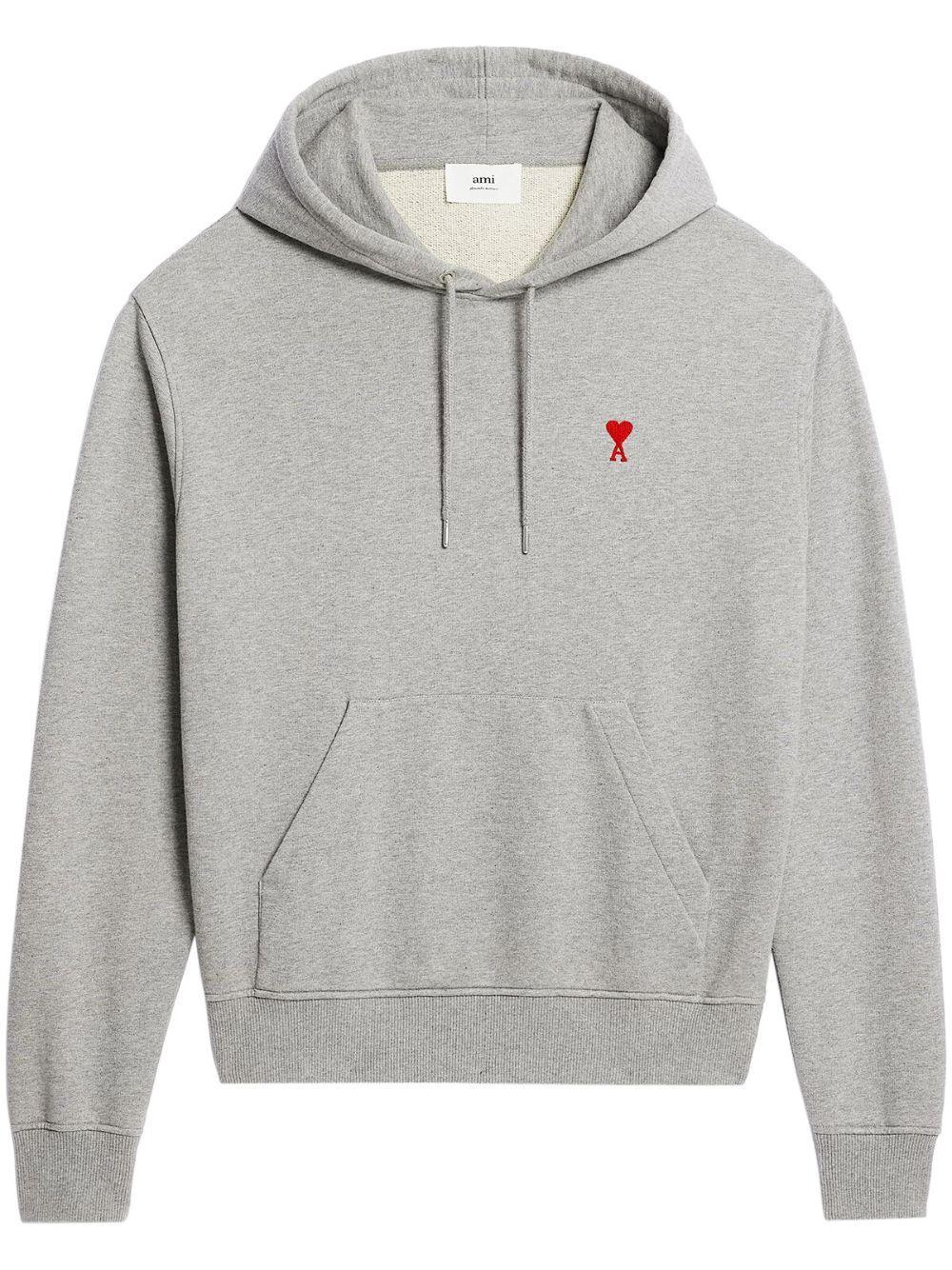 Ami Logo Embroidered Drawstring Hoodie In Grey Product Image