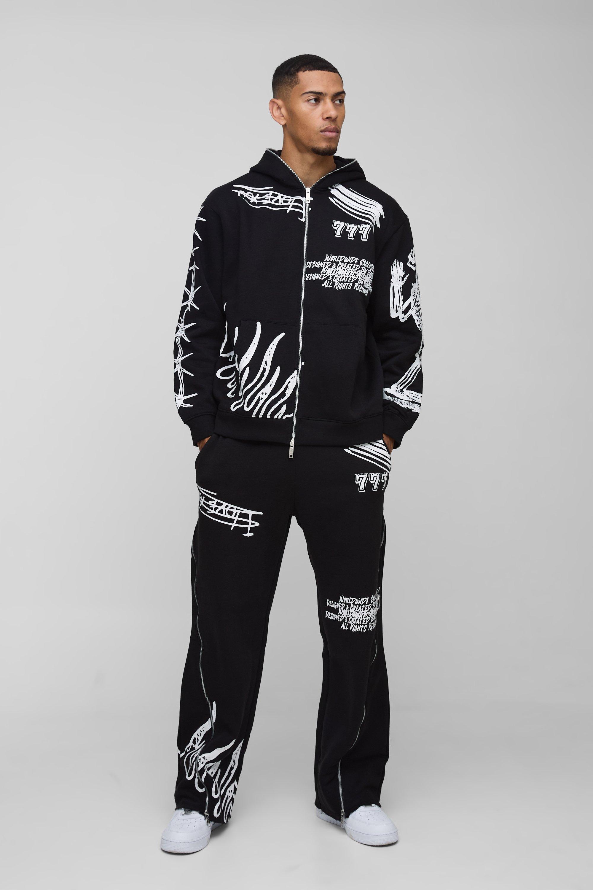 Oversized AOP Doodle Zip Through Tracksuit | boohooMAN USA product image