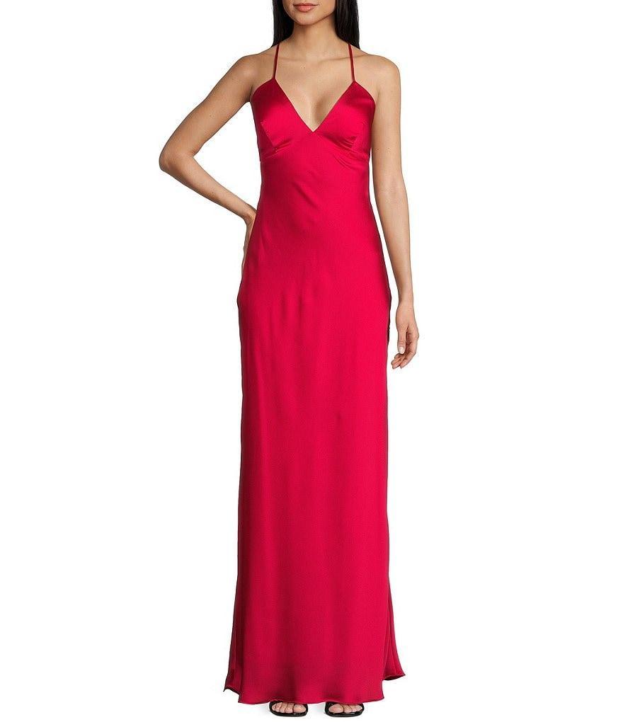 B. Darlin Bubble Satin V-Neck Spaghetti Strap Criss Cross Back Long Dress Product Image