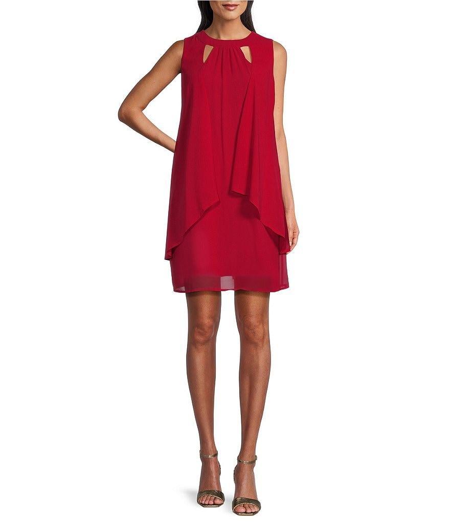 Leslie Fay Chiffon Crepe Double Keyhole Neck Sleeveless Shift Dress product image