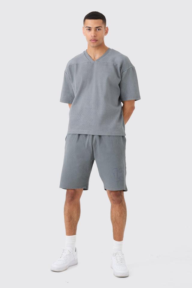 Mens Grey Heavyweight Ribbed Washed Short Sleeve Sweatshirt & Short Set, Grey Product Image